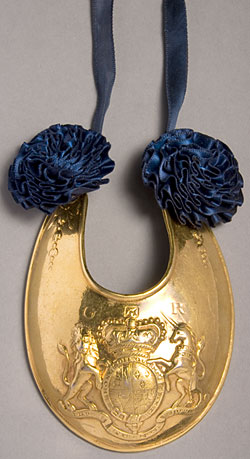 shiny brass gorget with dark blue ribbon
