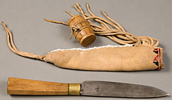 knife with wooden handle and leather sheath