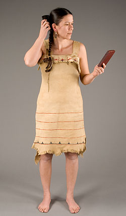 model wearing deerskin dress