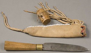 knife with wooden handle and leather sheath