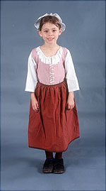 girl model wearing red petticoat and floppy white cotton cap.