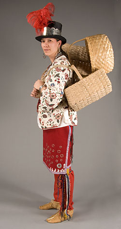 model wearing jacket, skirt, hat and baskets