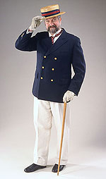 man wearing double-breasted navy blue blazer, pearl gray kid gloves, straw boater with red and blue ribbon band and wooden walking stick