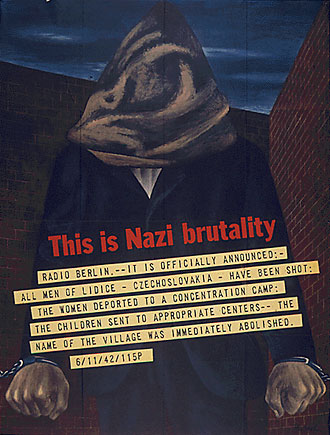 file:/activities/oralhistory/cappics/cohen1917_brutality, alt: poster showing chained man with hood over his head and caption: This is Nazi brutality