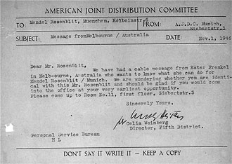 file:/activities/oralhistory/cappics/cohen1945a_telegram, alt: a typewritten letter seeking for a Holocaust survivor