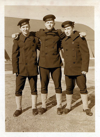 file:/activities/oralhistory/cappics/slater1924_peacoats, alt: Paul Slater and two fellow naval recruits