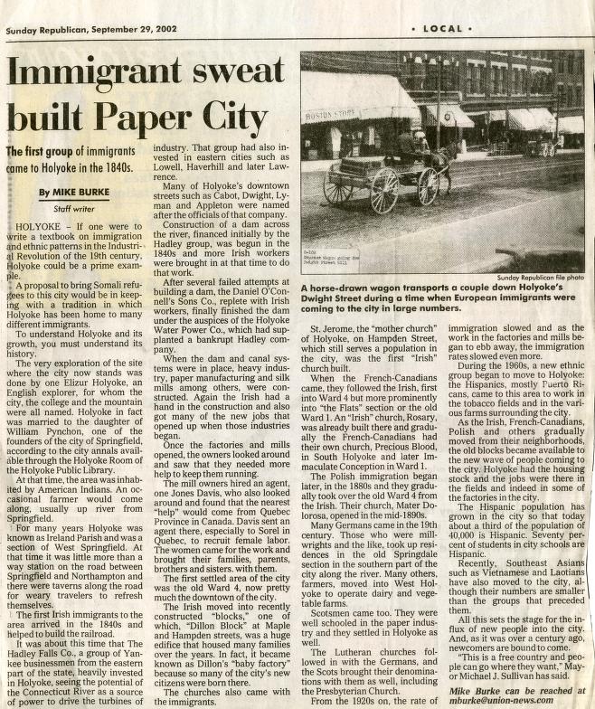 Digital Collection -Immigrant Sweat built Paper City article from Sunday  Republican newspaper